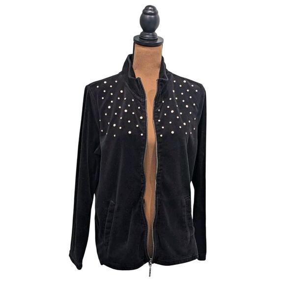 Y2K Track Jacket L Pearl Studded Black Velour Zip Up Pockets Cozy VTG mcbling - Picture 1 of 12